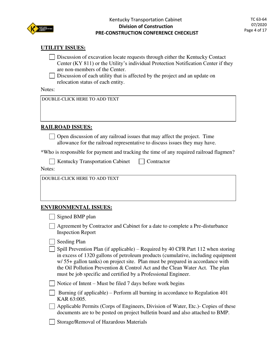 Form TC63-64 Pre-construction Conference Checklist - Kentucky, Page 4