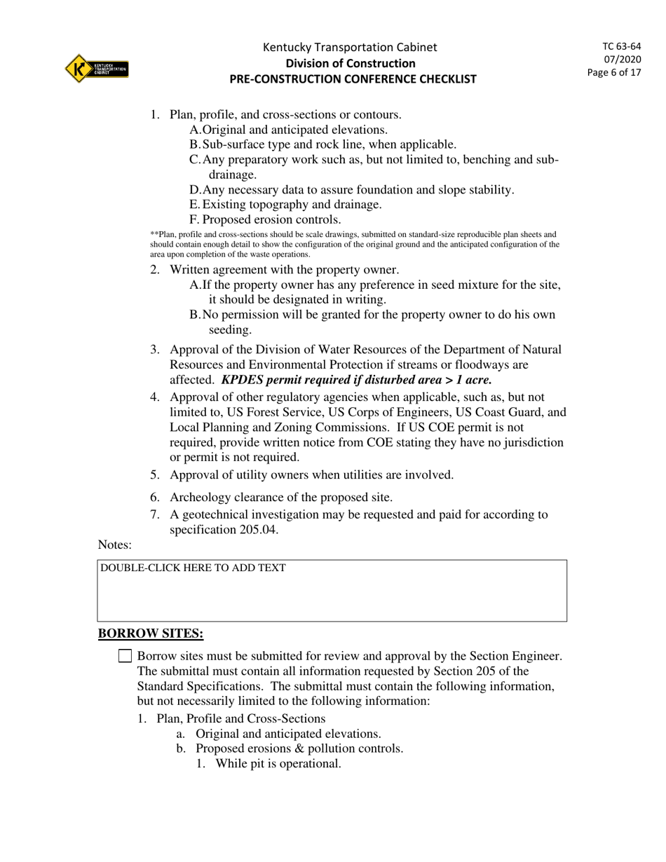 Form TC63-64 Pre-construction Conference Checklist - Kentucky, Page 6