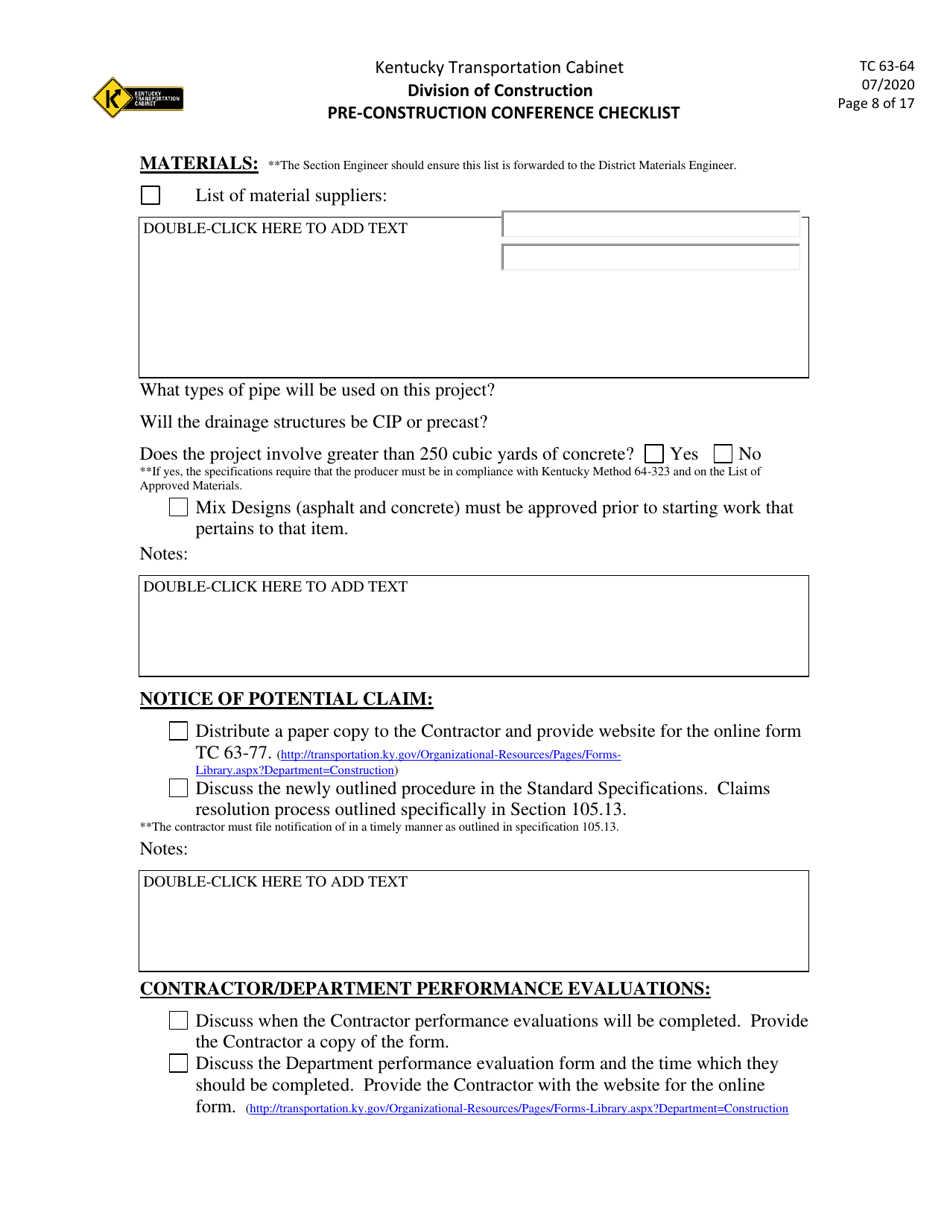 Form TC63-64 Pre-construction Conference Checklist - Kentucky, Page 8