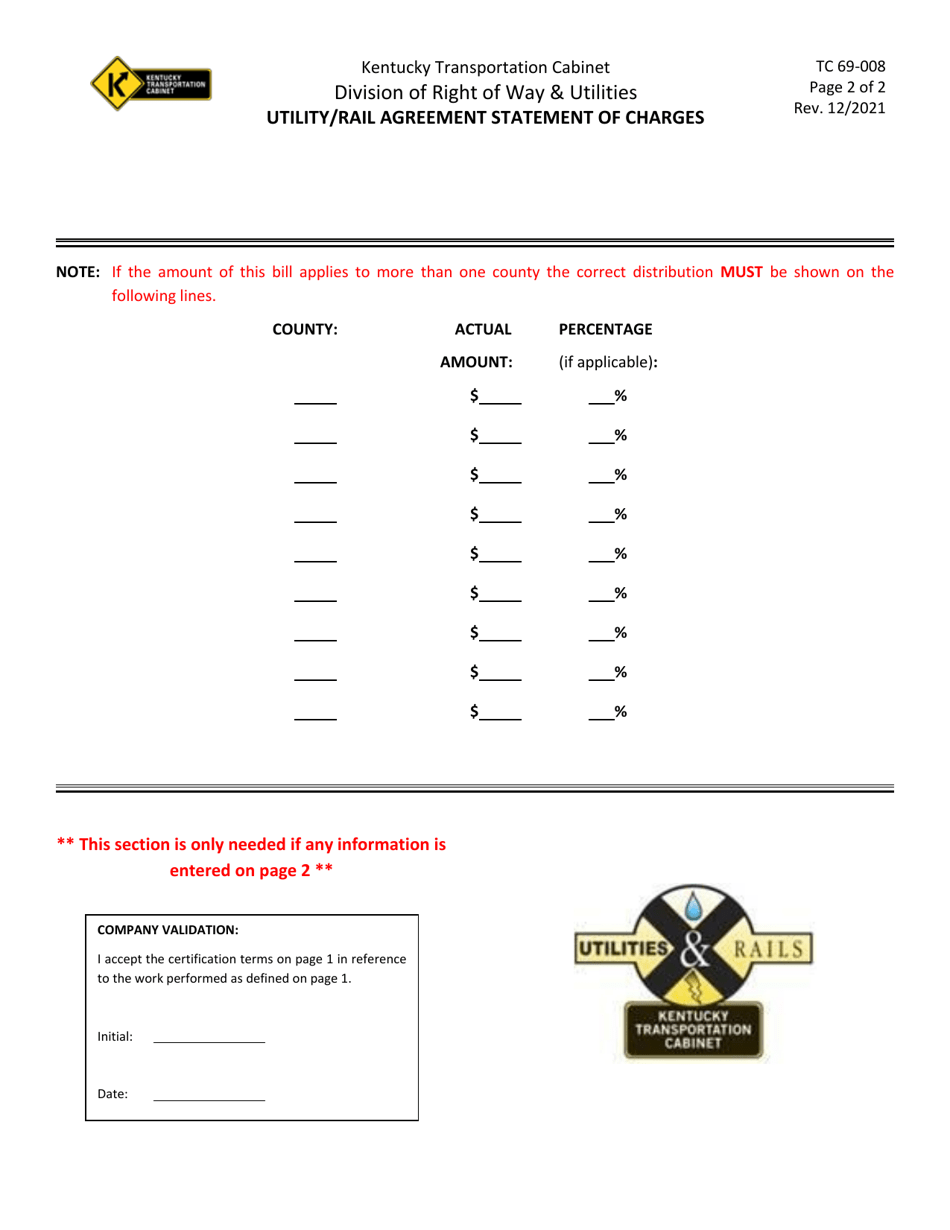 Form TC69-8 Utility / Rail Agreement Statement of Charges - Kentucky, Page 2