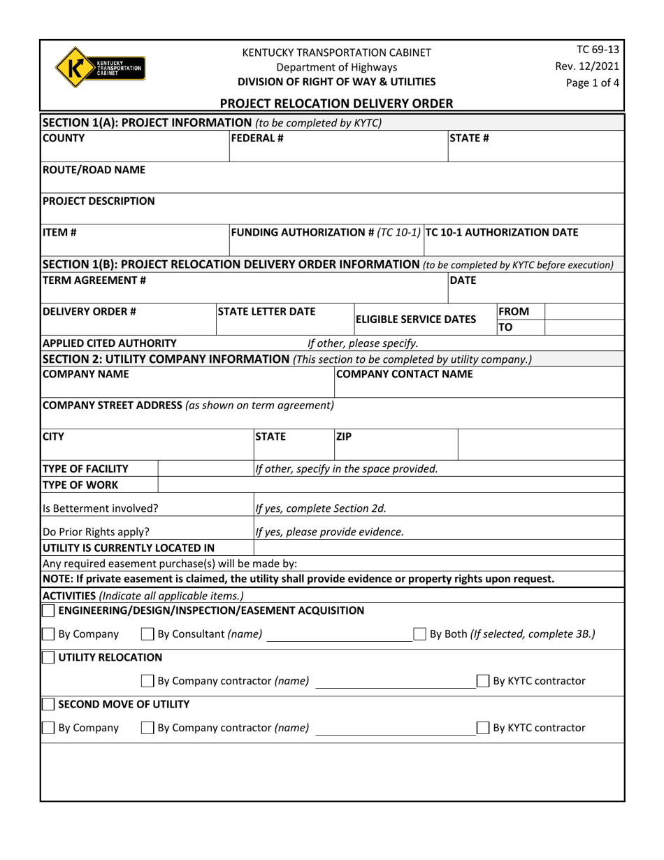 Form TC69-13 Project Relocation Delivery Order - Kentucky, Page 1