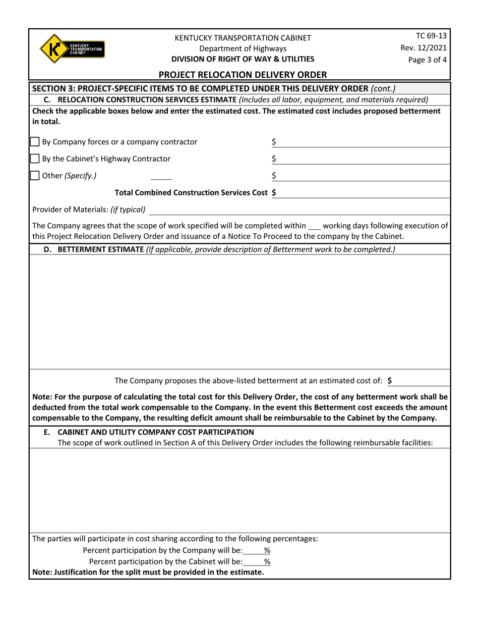 Form TC69-13 Project Relocation Delivery Order - Kentucky, Page 3