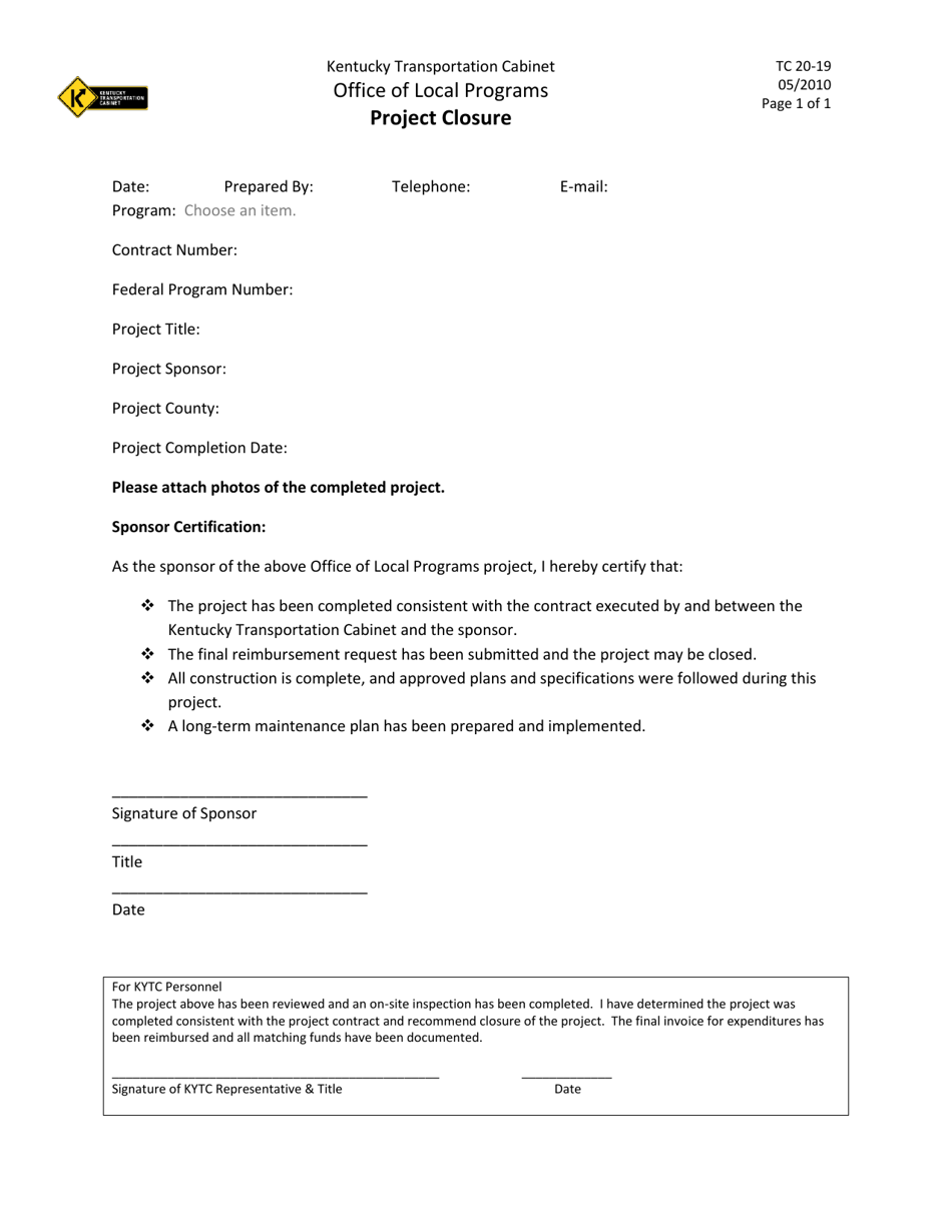 Form TC20-19 Project Closure - Kentucky, Page 1