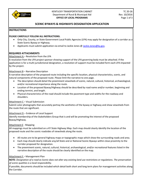 Form TC20-26 Scenic Byways & Highways Designation Application - Kentucky