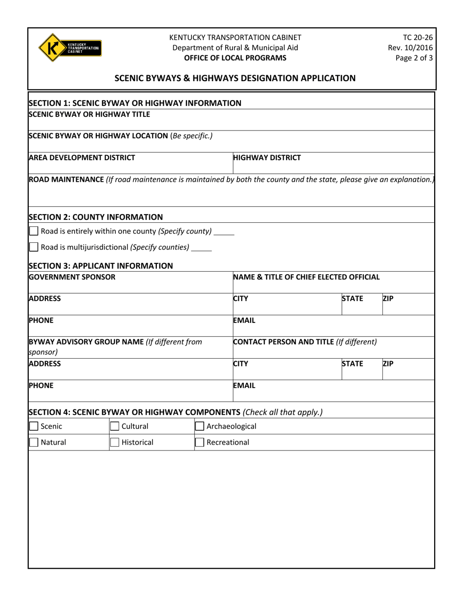 Form TC20-26 Scenic Byways  Highways Designation Application - Kentucky, Page 2