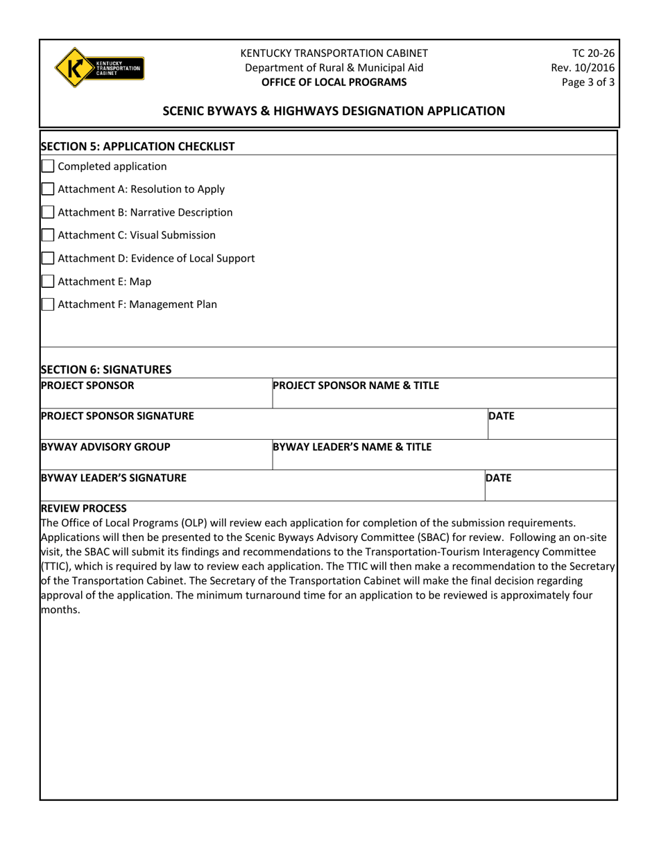 Form TC20-26 Scenic Byways  Highways Designation Application - Kentucky, Page 3