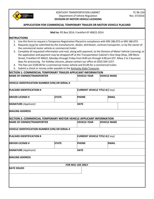Form TC96-150 Application for Commercial Temporary Trailer or Motor Vehicle Placard - Kentucky