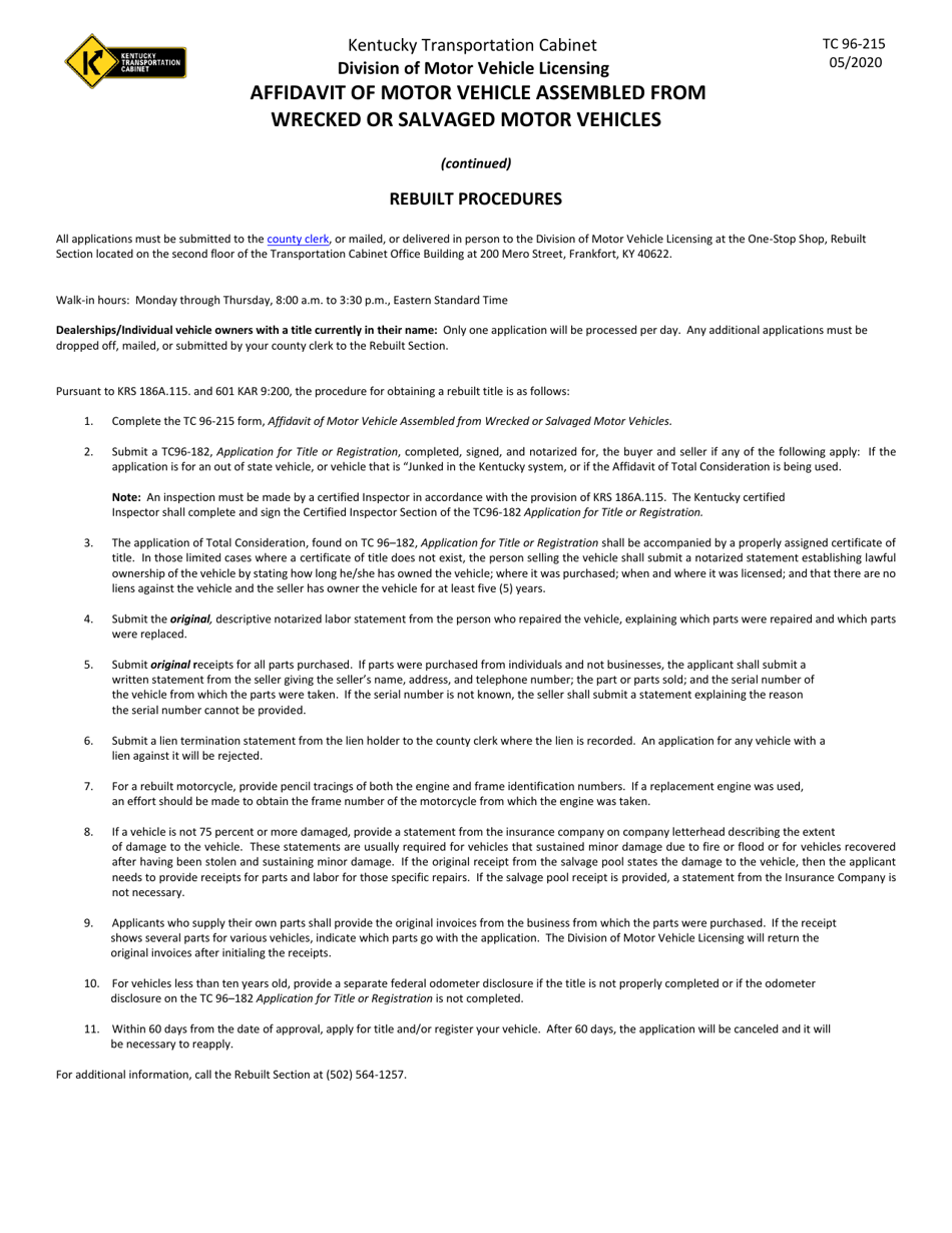 Form TC96-215 Affidavit of Motor Vehicle Assembled From Wrecked or Salvaged Motor Vehicles - Kentucky, Page 2