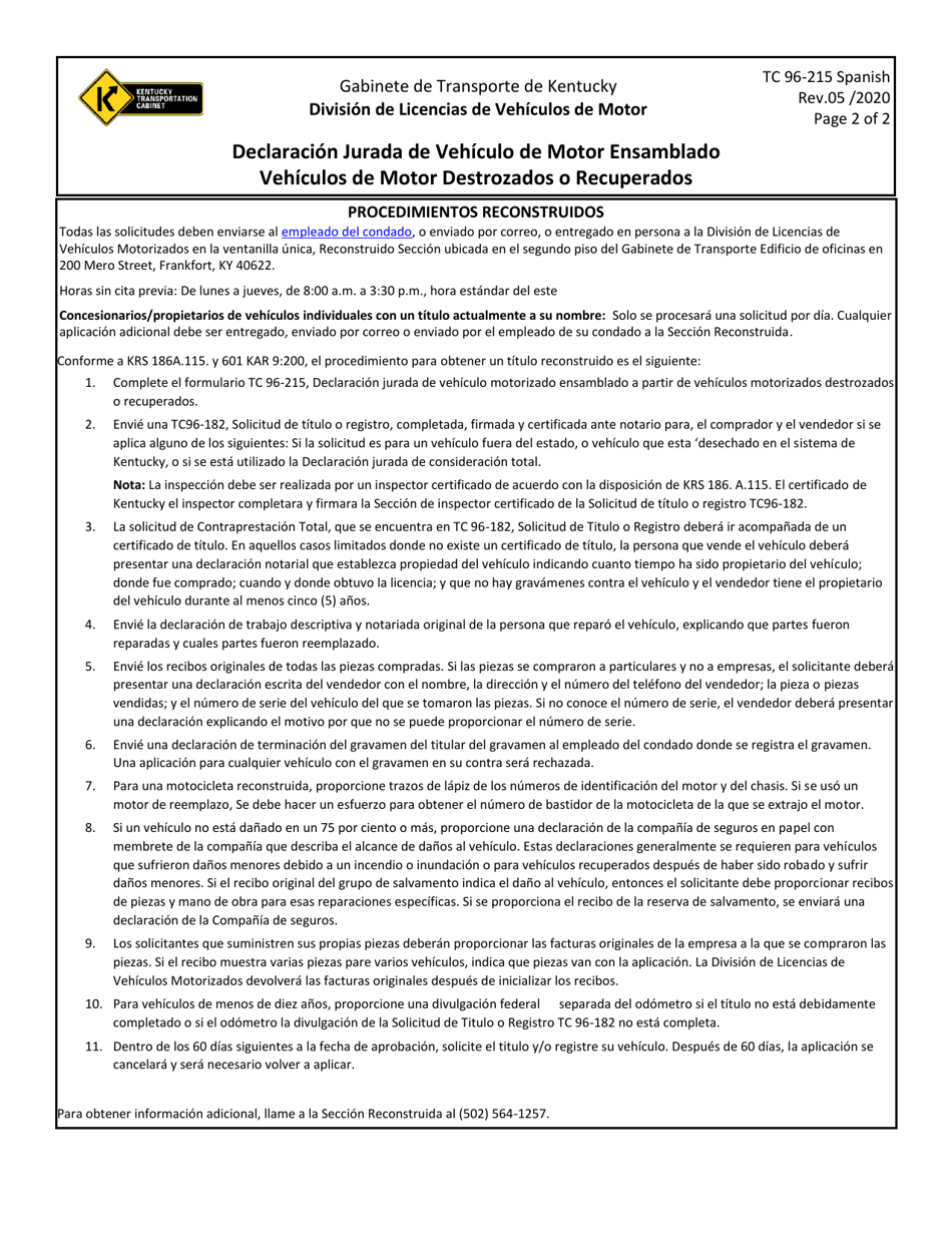Formulario TC96-215 Declaracion Jurada De Vehiculo De Motor Ensamblado Vehiculos De Motor Destrozados O Recuperados - Kentucky (Spanish), Page 2