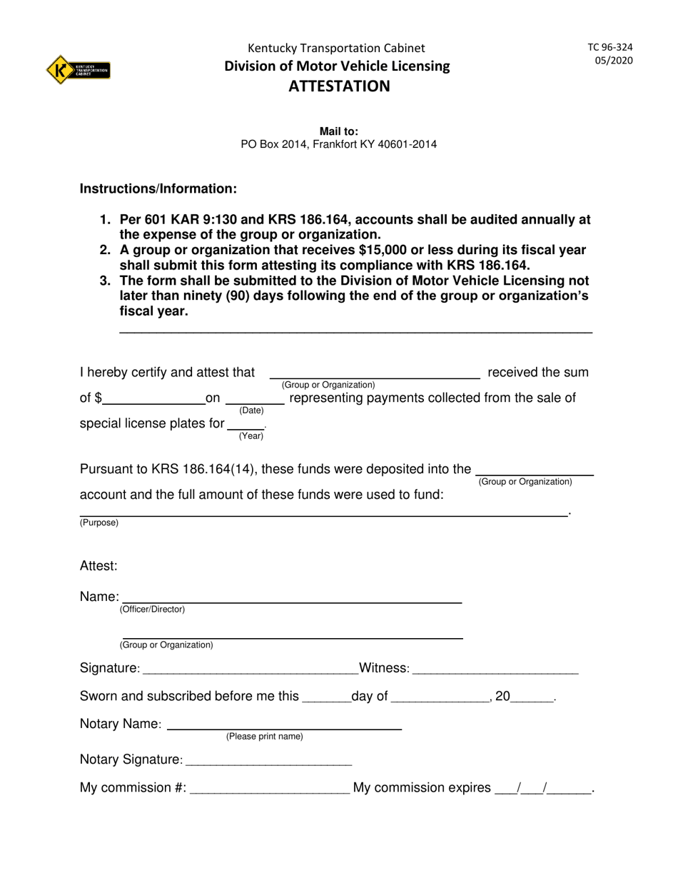 Form TC96-324 Attestation - Kentucky, Page 1