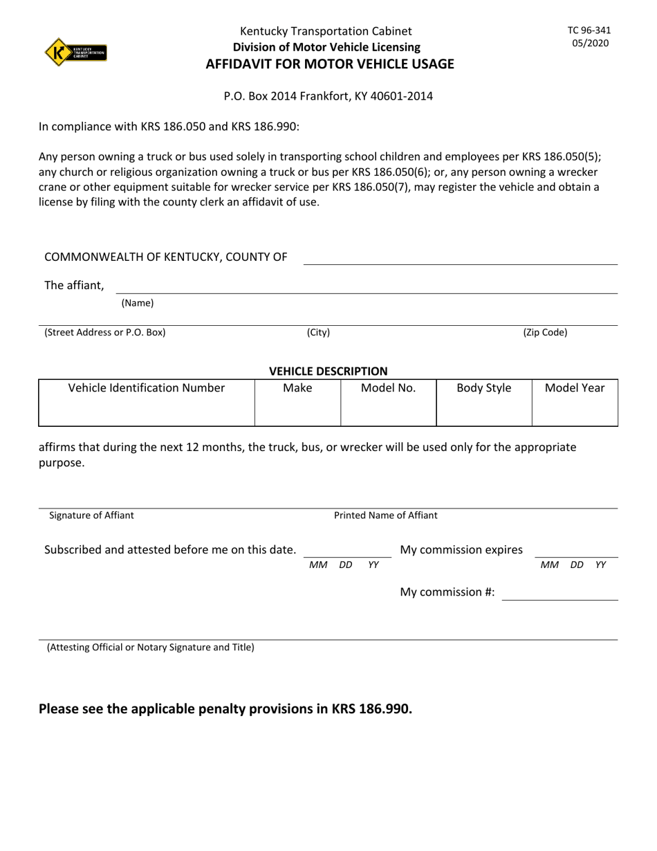 Form 96-341 Affidavit Formotor Vehicle Usage - Kentucky, Page 1