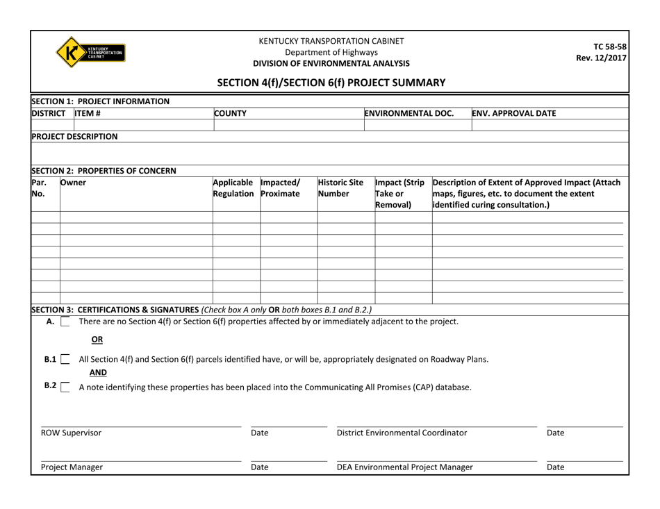 Form TC58-58 Section 4(F) / Section 6(F) Project Summary - Kentucky, Page 1