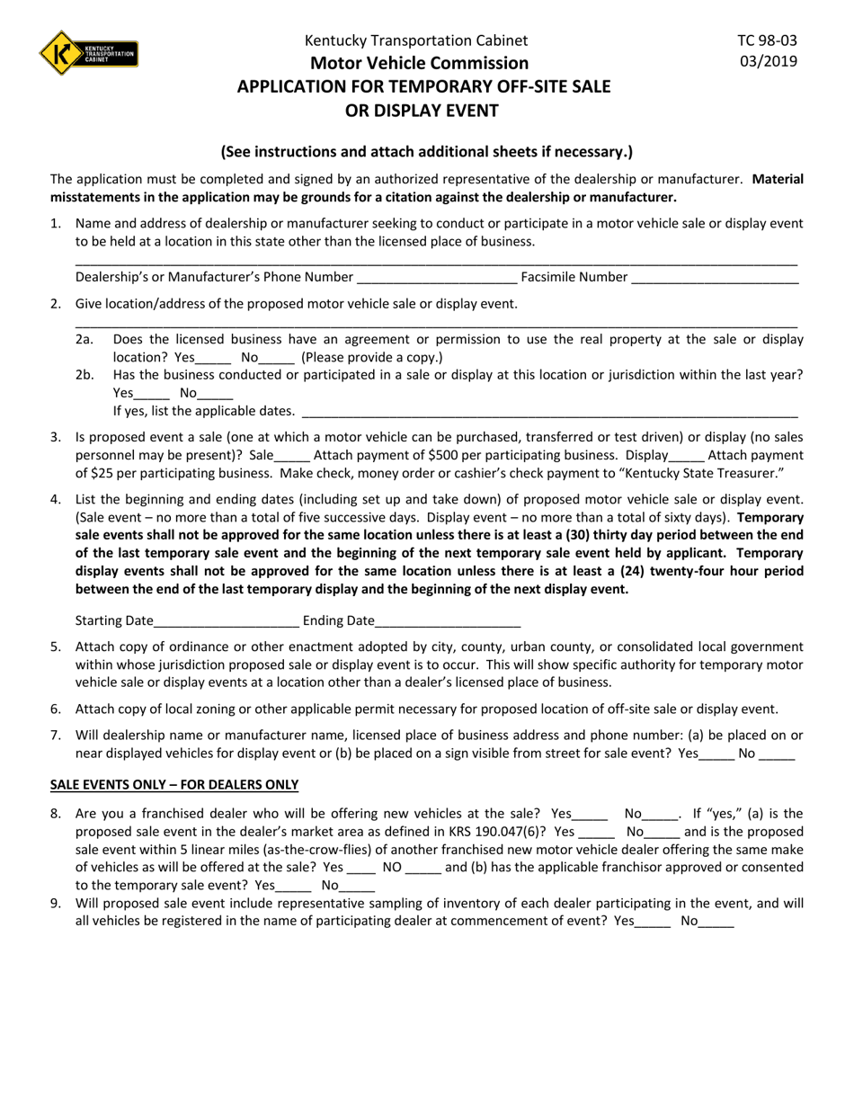 Form TC98-3 Application for Temporary off-Site Sale or Display Event - Kentucky, Page 2
