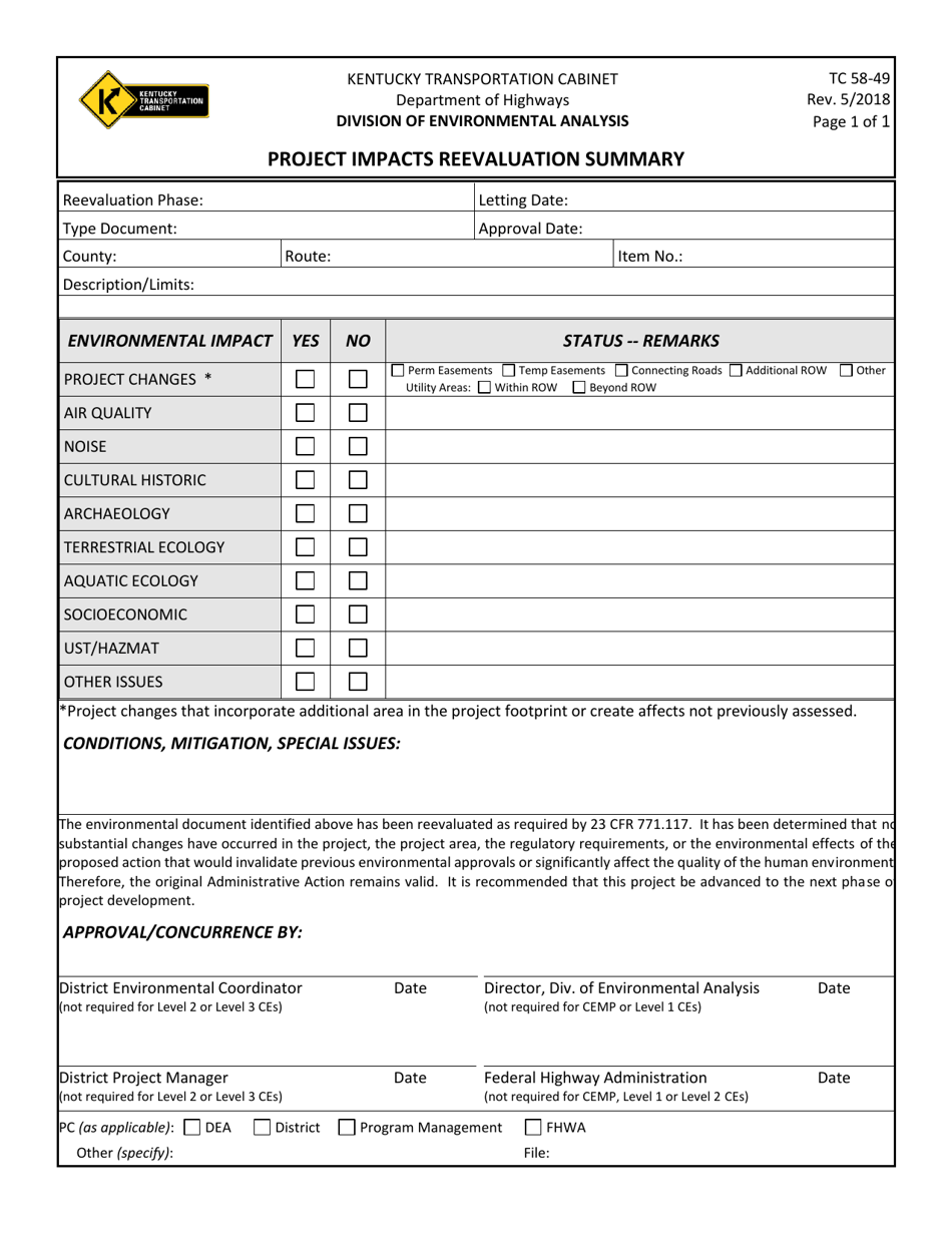 Form TC58-49 Project Impacts Reevaluation Summary - Kentucky, Page 1