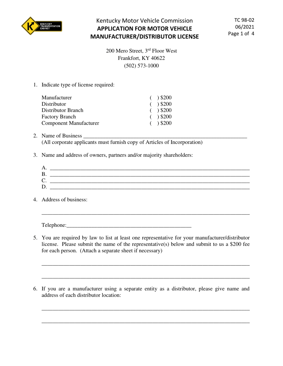 Form TC98-2 Application for Motor Vehicle Manufacturer / Distributor License - Kentucky, Page 1