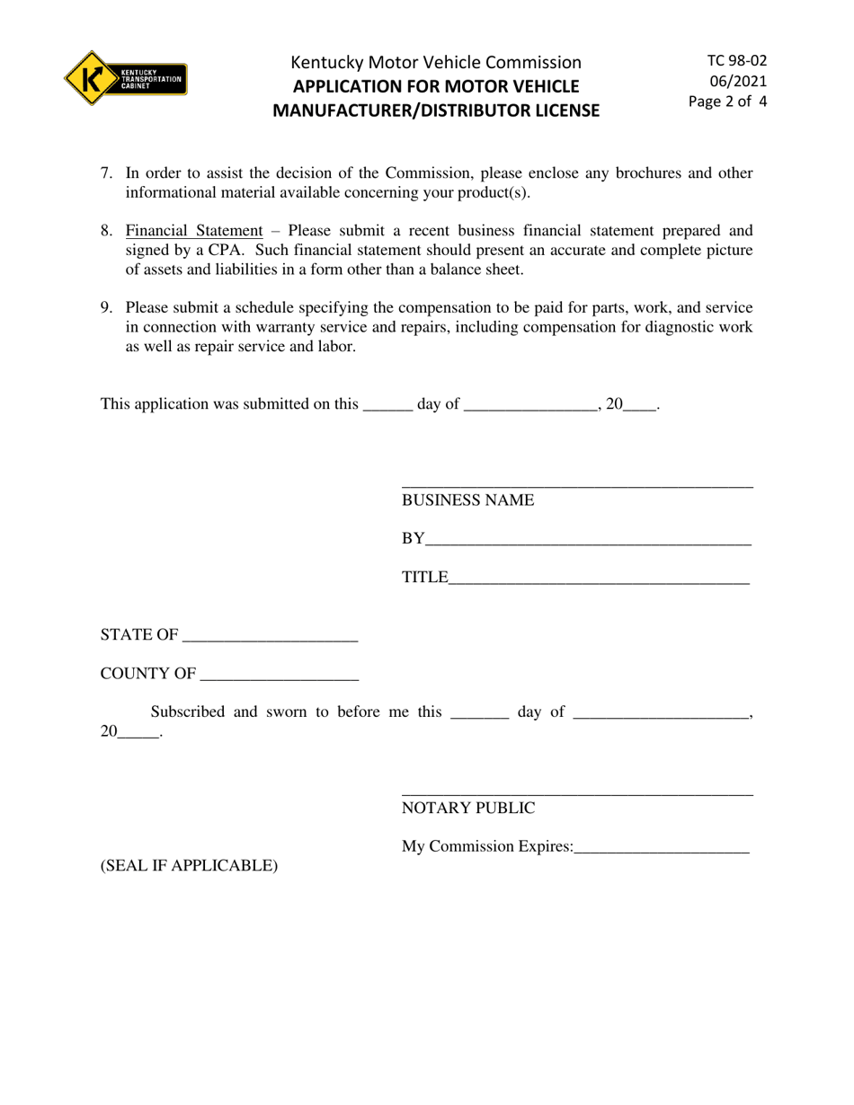 Form TC98-2 Application for Motor Vehicle Manufacturer / Distributor License - Kentucky, Page 2