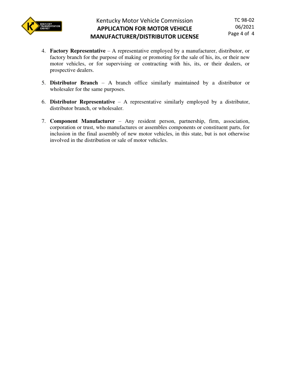 Form TC98-2 Application for Motor Vehicle Manufacturer / Distributor License - Kentucky, Page 4