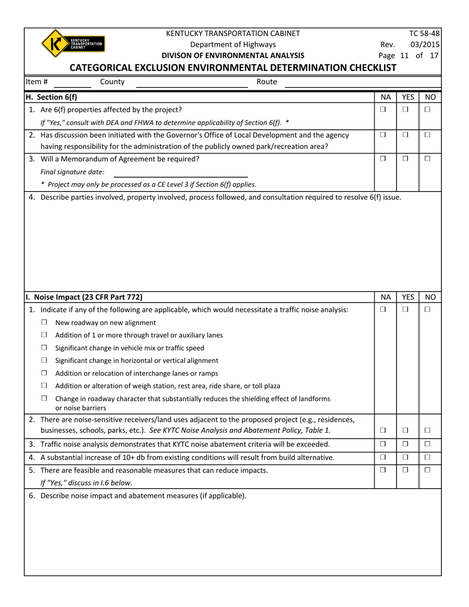 Form TC58-48 Categorical Exclusion Environmental Determination Checklist - Kentucky, Page 11