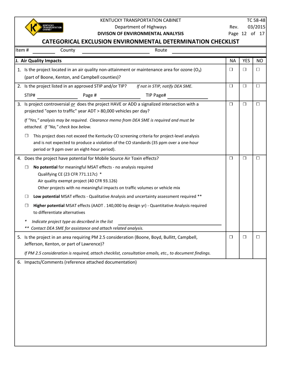 Form TC58-48 Categorical Exclusion Environmental Determination Checklist - Kentucky, Page 12