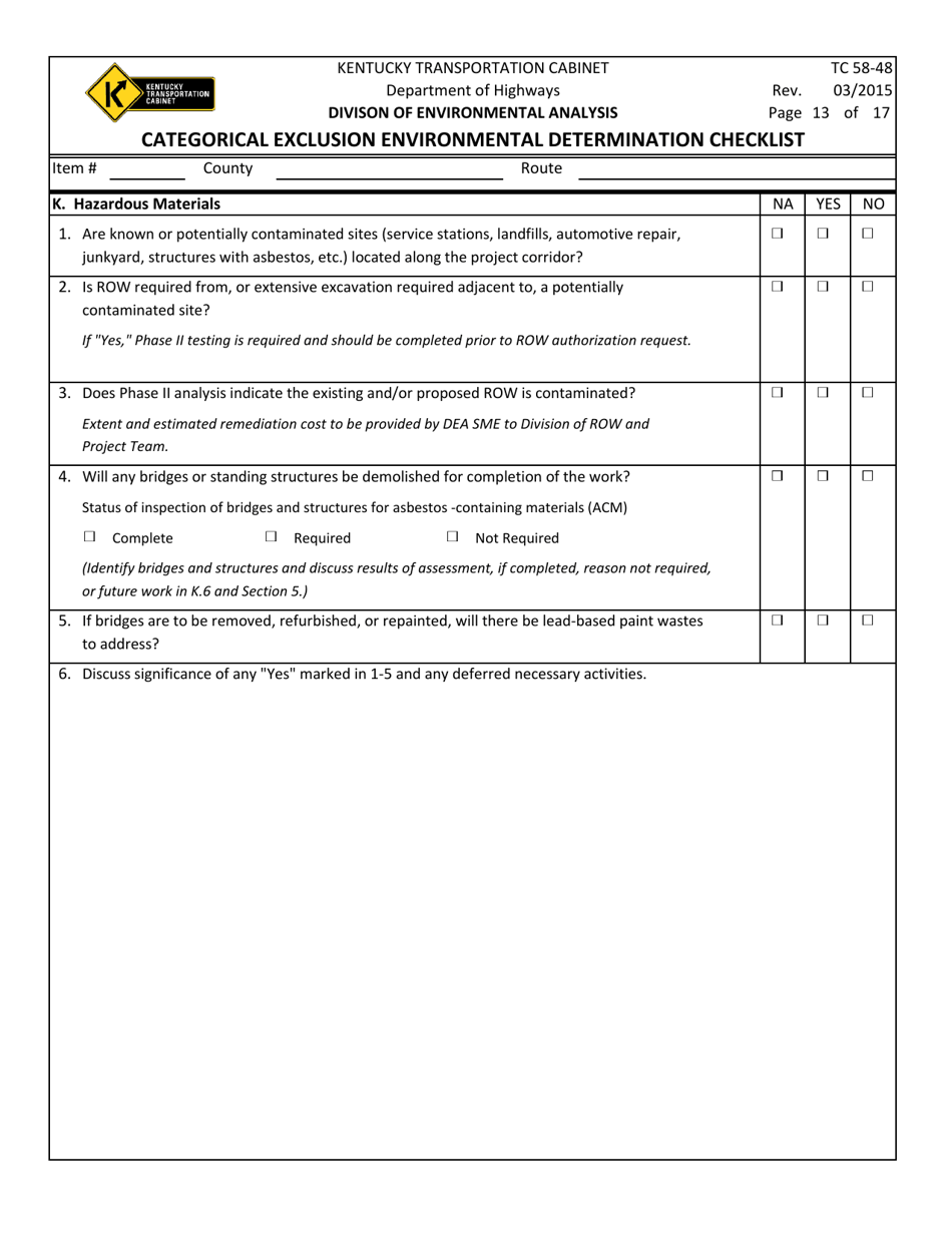 Form TC58-48 Categorical Exclusion Environmental Determination Checklist - Kentucky, Page 13