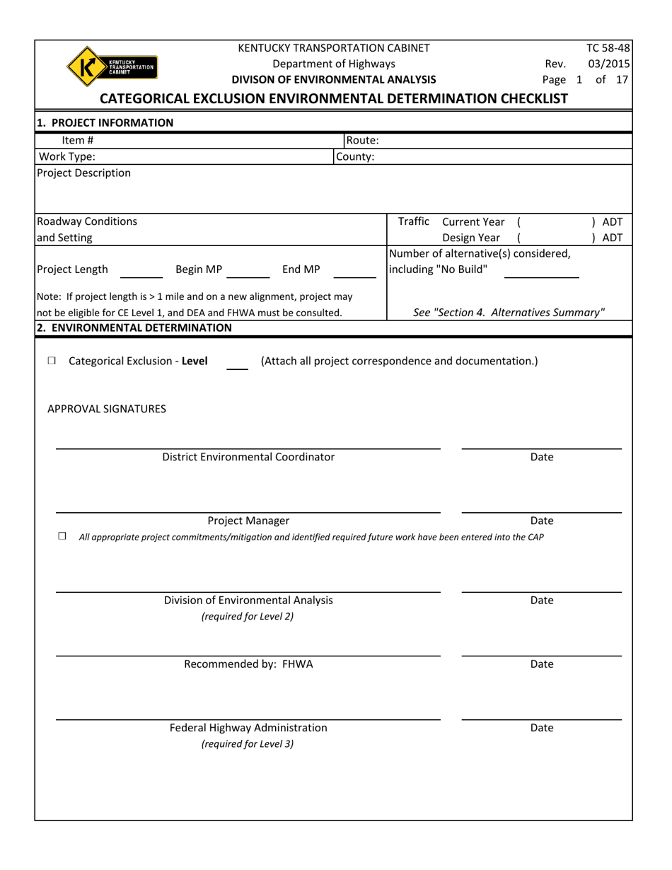 Form TC58-48 Categorical Exclusion Environmental Determination Checklist - Kentucky, Page 1