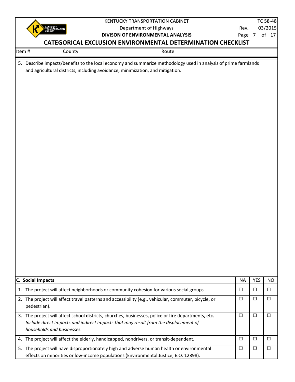 Form TC58-48 Categorical Exclusion Environmental Determination Checklist - Kentucky, Page 7