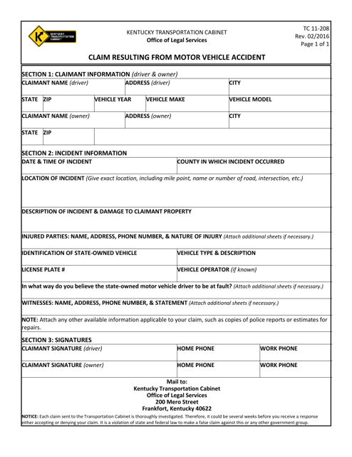 Form TC11-208 Claim Resulting From Motor Vehicle Accident - Kentucky