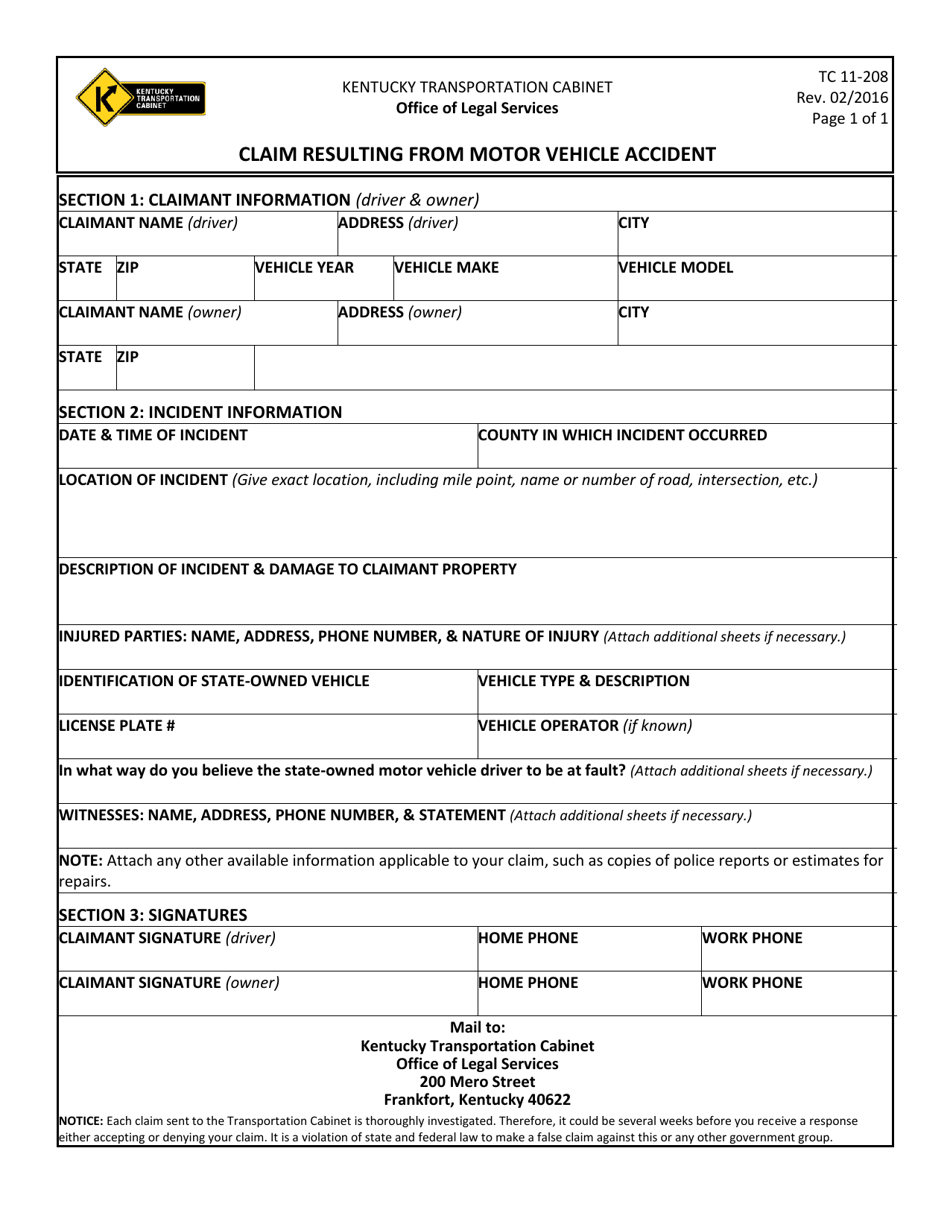Form TC11-208 Claim Resulting From Motor Vehicle Accident - Kentucky, Page 1