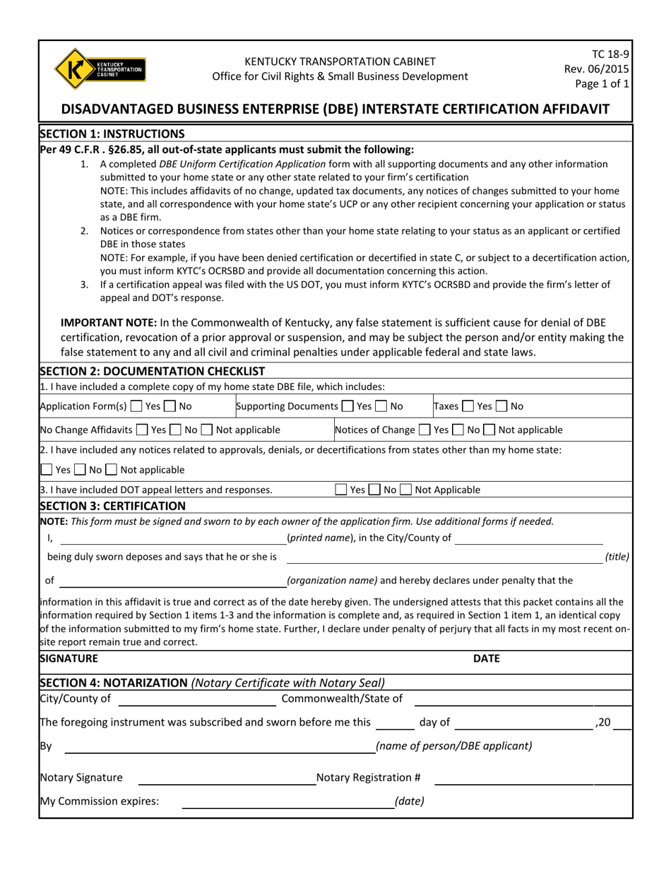 Form TC18-9 Disadvantaged Business Enterprise (Dbe) Interstate Certification Affidavit - Kentucky, Page 1