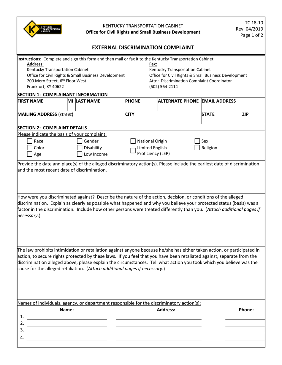 Form TC18-10 External Discrimination Complaint - Kentucky, Page 1