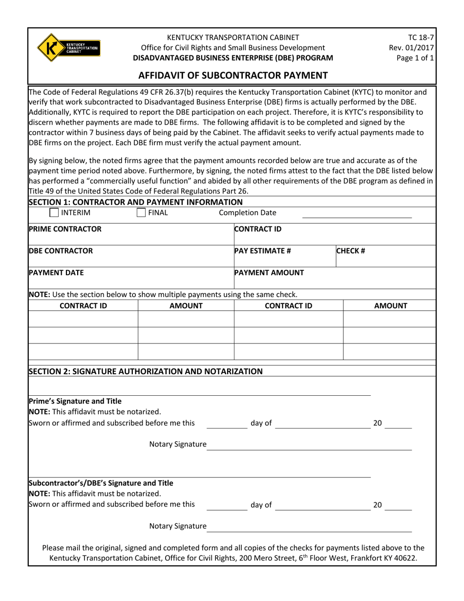 Form TC18-7 Affidavit of Subcontractor Payment - Kentucky, Page 1