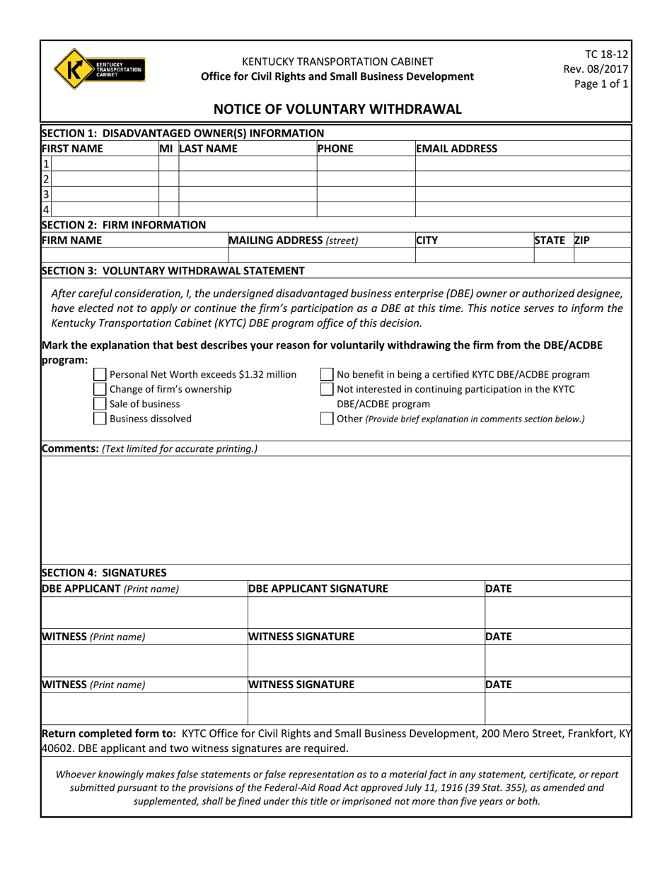Form TC18-12 Notice of Voluntary Withdrawal - Kentucky, Page 1