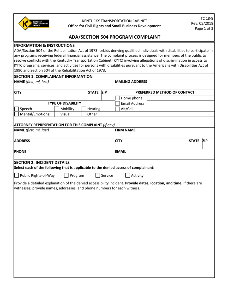 Form TC18-8 Ada / Section 504 Program Complaint - Kentucky, Page 1