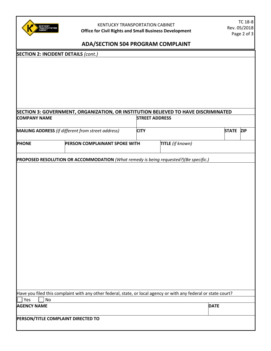Form TC18-8 Ada / Section 504 Program Complaint - Kentucky, Page 2