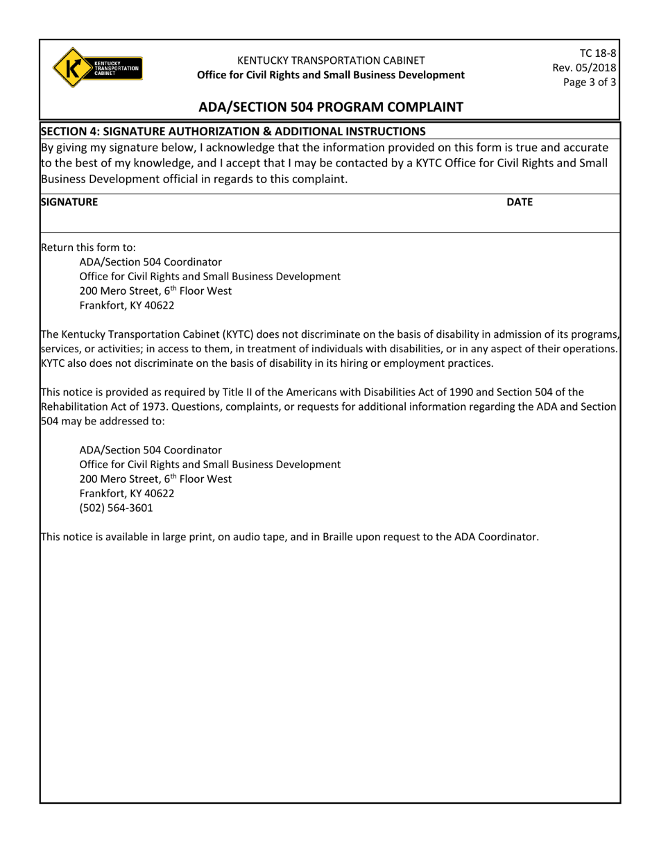 Form TC18-8 Ada / Section 504 Program Complaint - Kentucky, Page 3