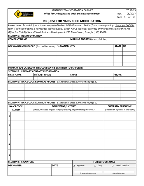 Form TC18-13  Printable Pdf