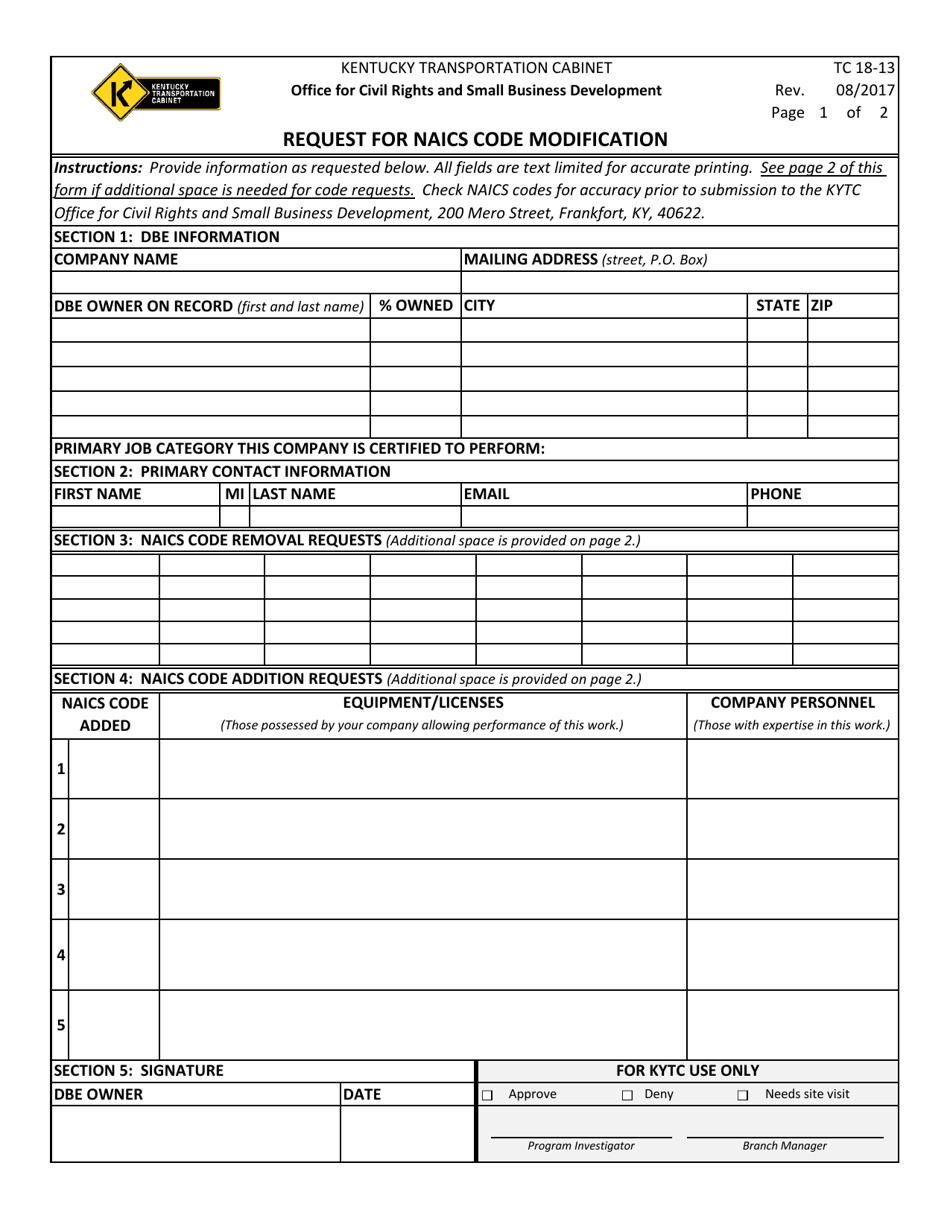 Form TC18-13 Request for Naics Code Modification - Kentucky, Page 1