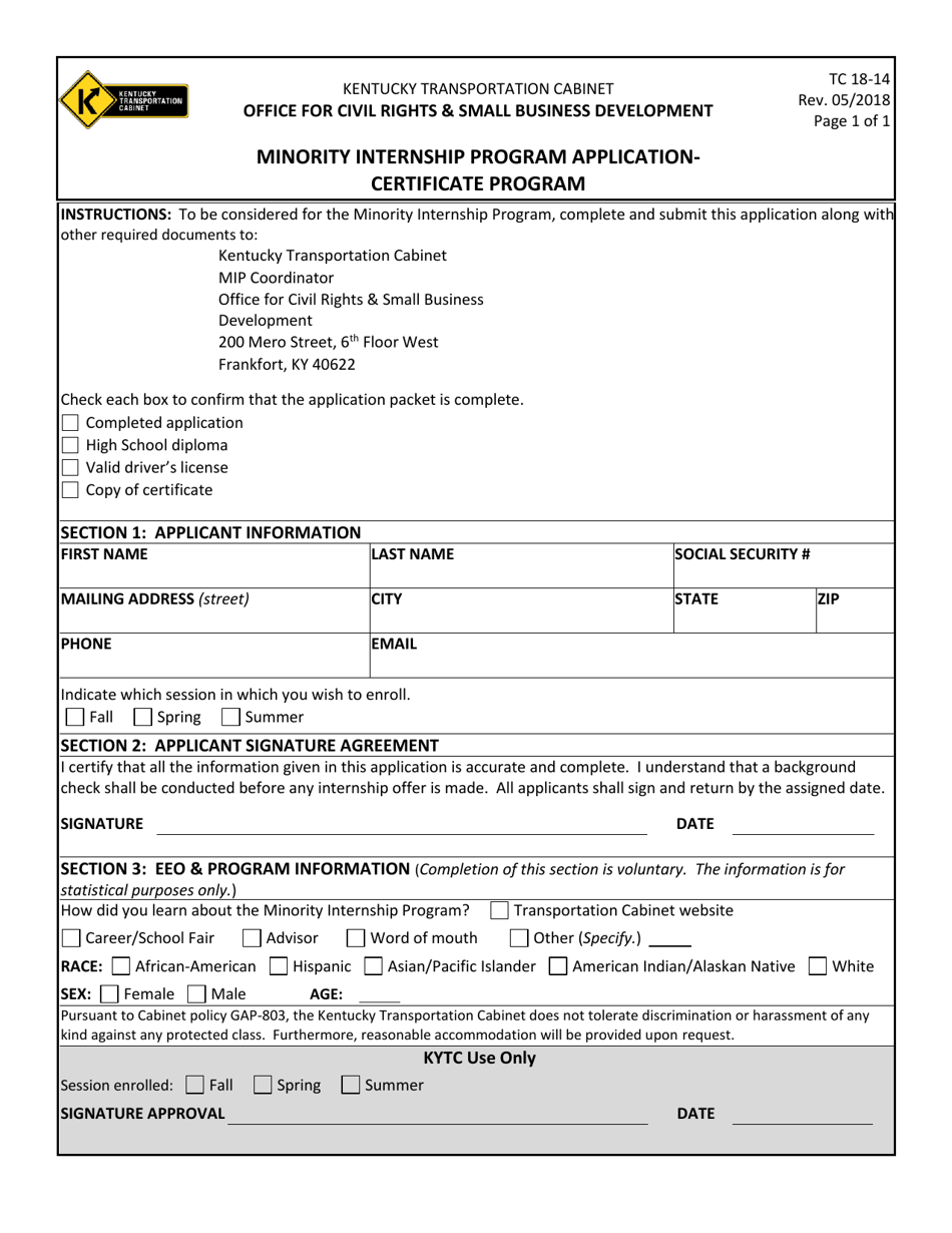 Form TC18-14 Minority Internship Program Application - Certificate Program - Kentucky, Page 1