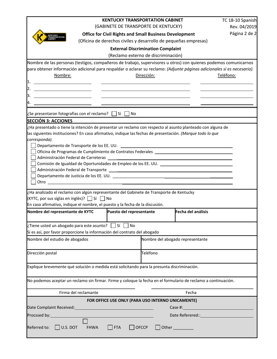 Formulario TC18-10 Reclamo Externo De Discriminacion - Kentucky (Spanish), Page 2