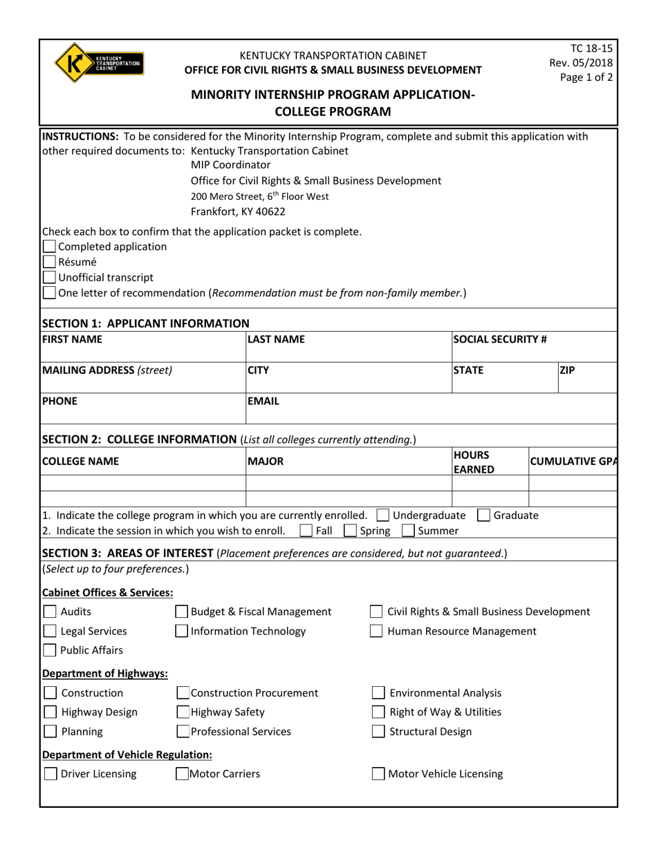 Form TC18-15 Minority Internship Program Application - College Program - Kentucky, Page 1