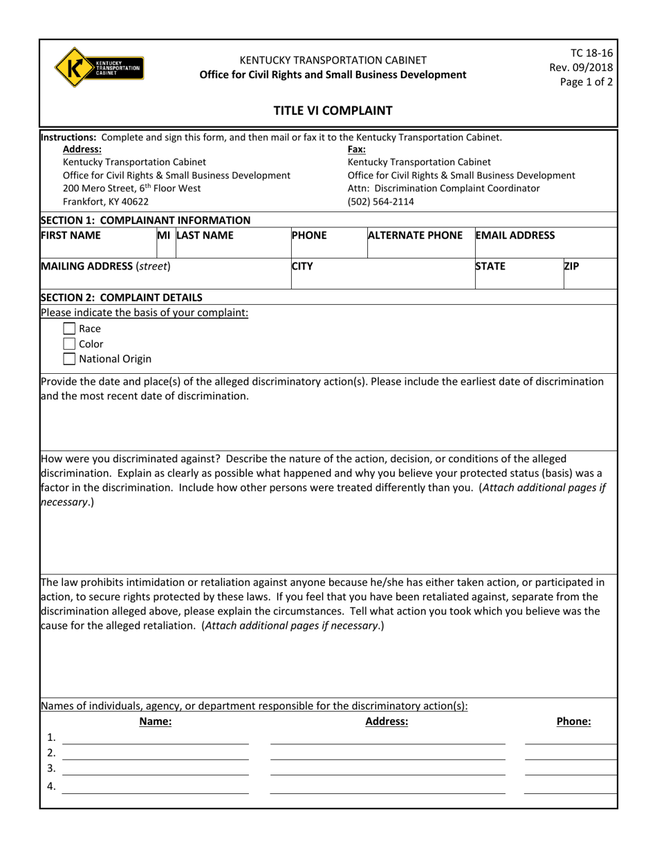 Form TC18-16 Title VI Complaint - Kentucky, Page 1
