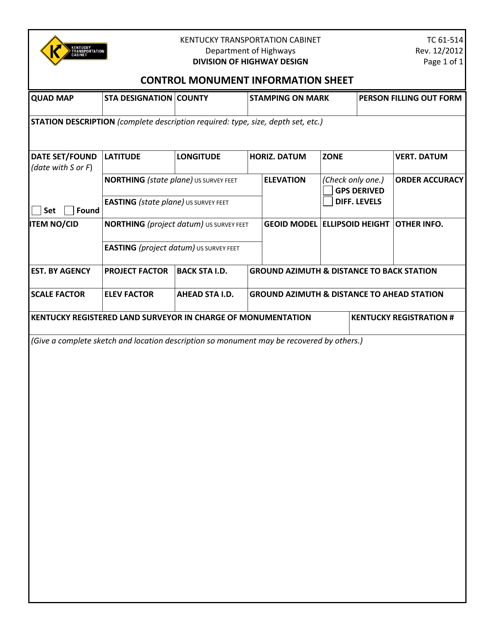 Form TC61-514 Control Monument Information Sheet - Kentucky