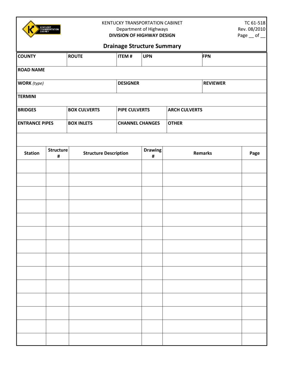 Form TC61-518 Drainage Structure Summary - Kentucky, Page 1