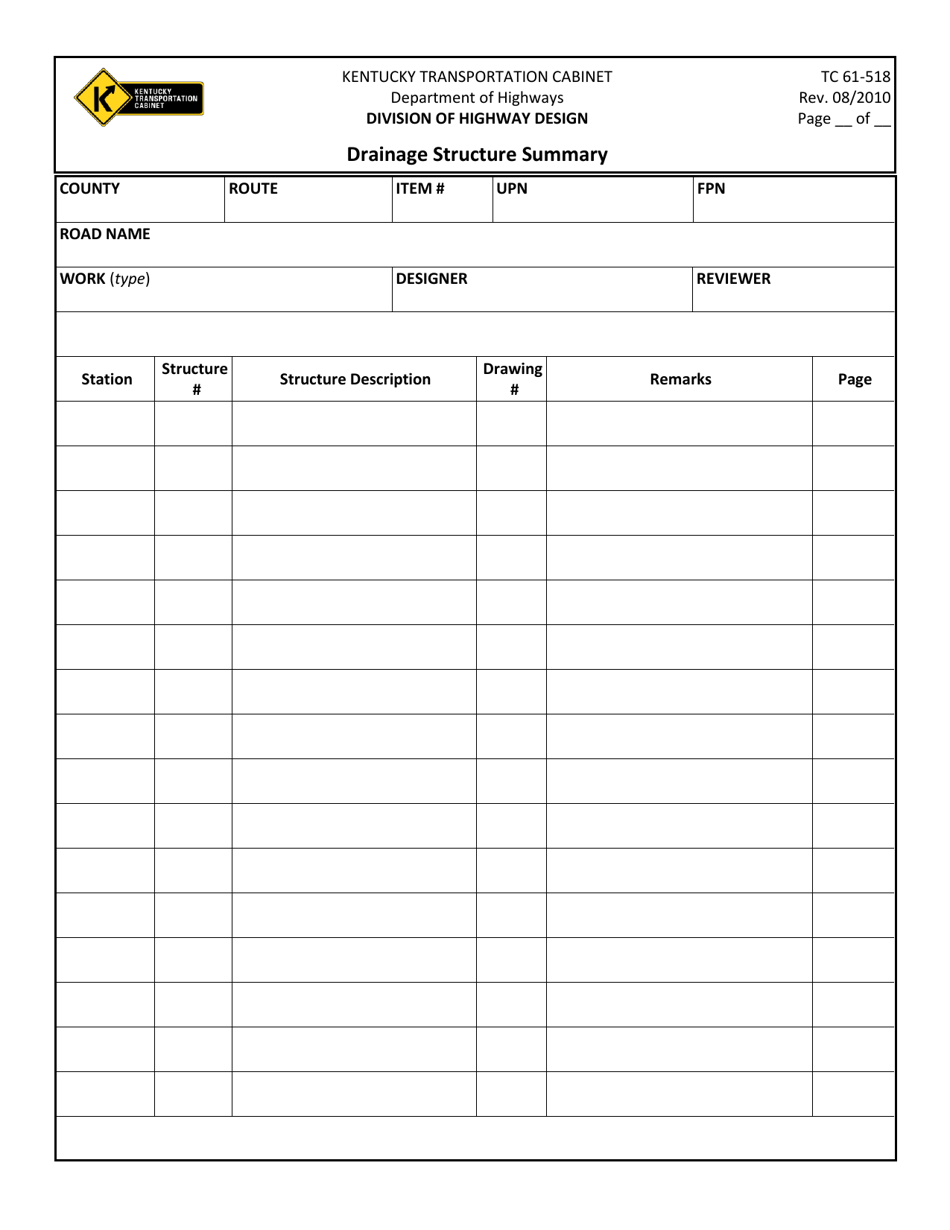 Form TC61-518 Drainage Structure Summary - Kentucky, Page 2