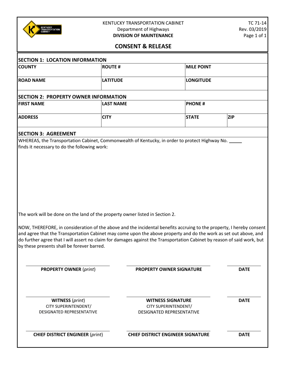 Form TC71-14 Consent  Release - Kentucky, Page 1