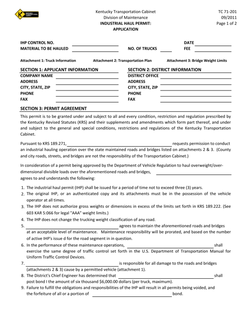 Form TC71-201 Industrial Haul Permit: Application - Kentucky