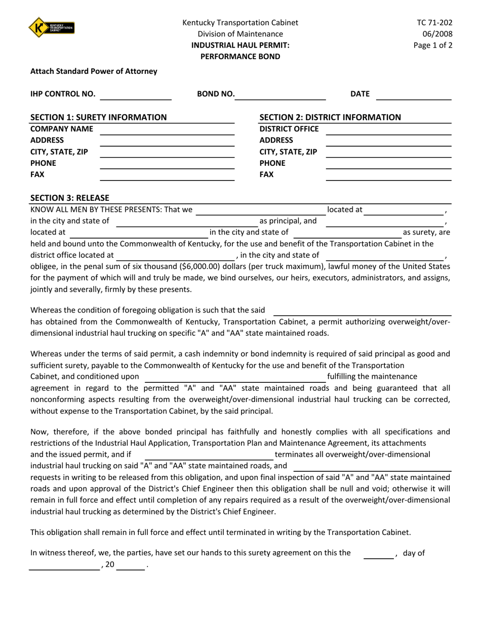 Form TC71-202 Industrial Haul Permit: Performance Bond - Kentucky, Page 1