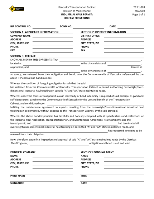 Form TC71-203 Industrial Haul Permit: Release From Bond - Kentucky