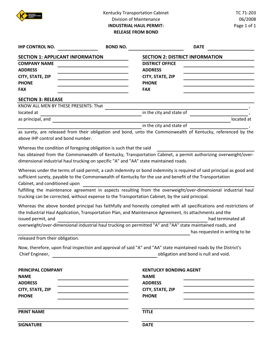 Form TC71-203 Industrial Haul Permit: Release From Bond - Kentucky, Page 1