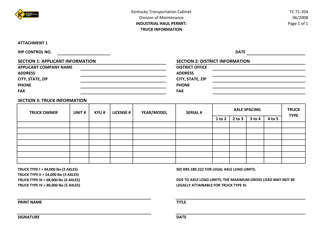 Document preview: Form TC71-204 Industrial Haul Permit: Truck Information - Kentucky